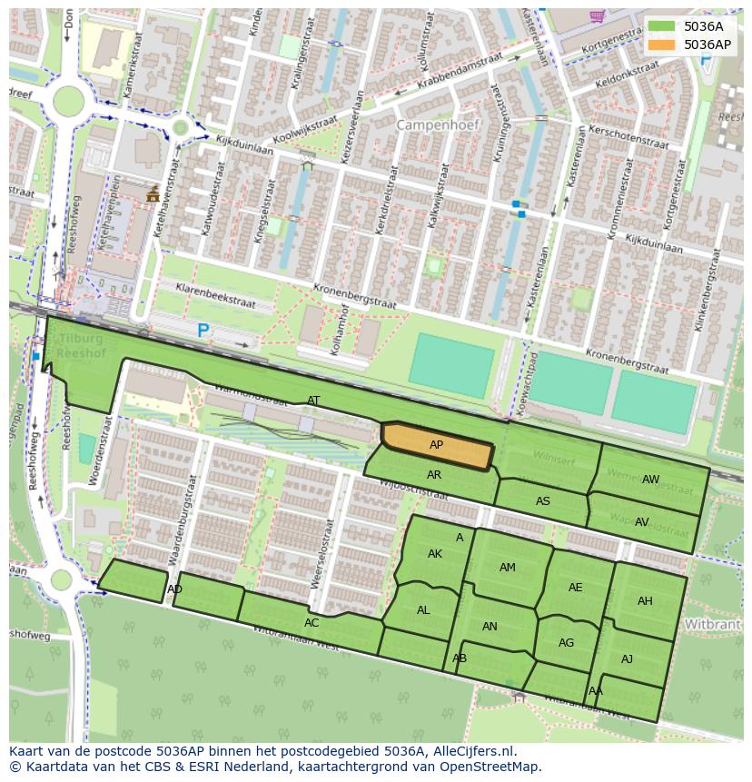 Afbeelding van het postcodegebied 5036 AP op de kaart.