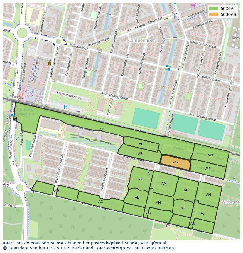 Afbeelding van het postcodegebied 5036 AS op de kaart.