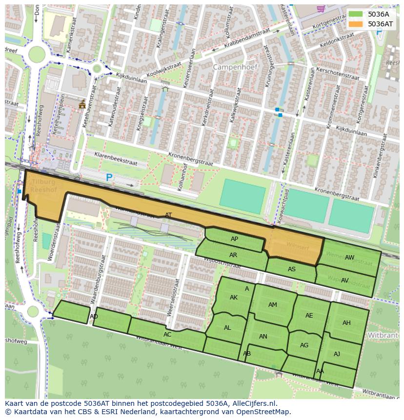 Afbeelding van het postcodegebied 5036 AT op de kaart.
