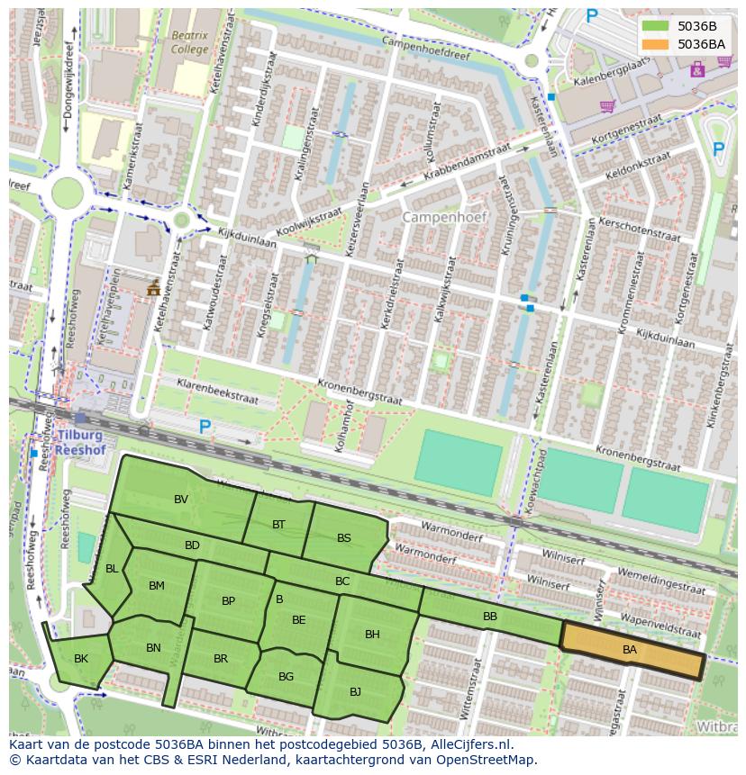 Afbeelding van het postcodegebied 5036 BA op de kaart.