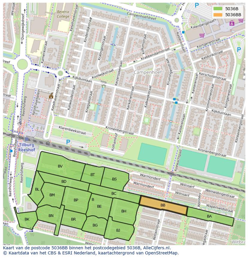 Afbeelding van het postcodegebied 5036 BB op de kaart.