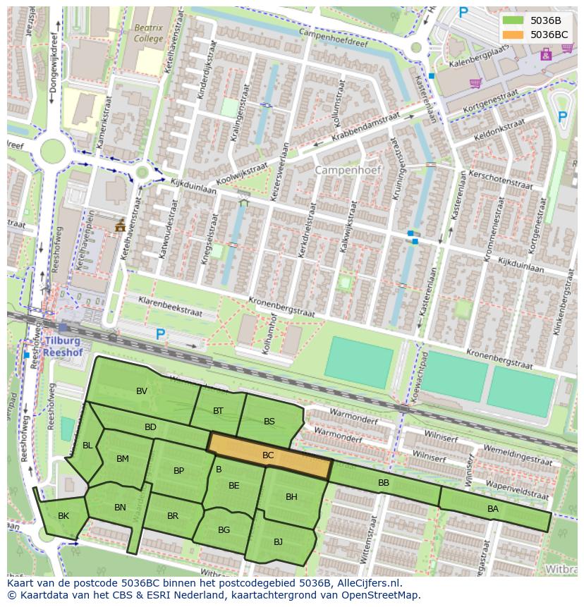Afbeelding van het postcodegebied 5036 BC op de kaart.
