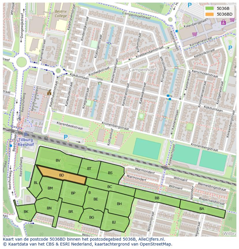 Afbeelding van het postcodegebied 5036 BD op de kaart.