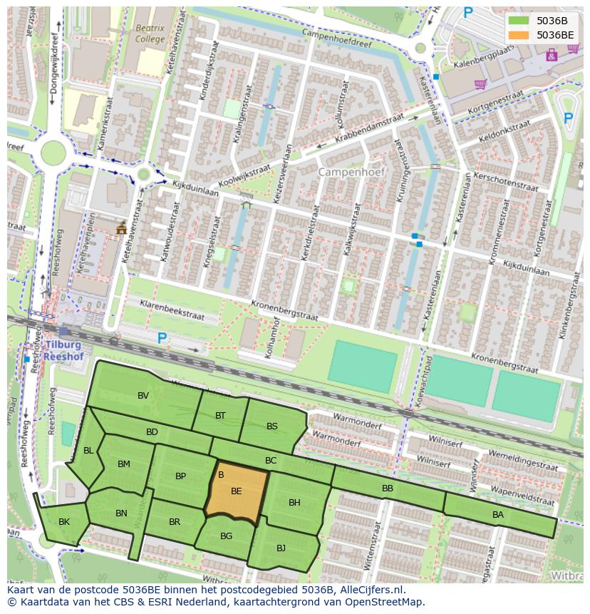 Afbeelding van het postcodegebied 5036 BE op de kaart.