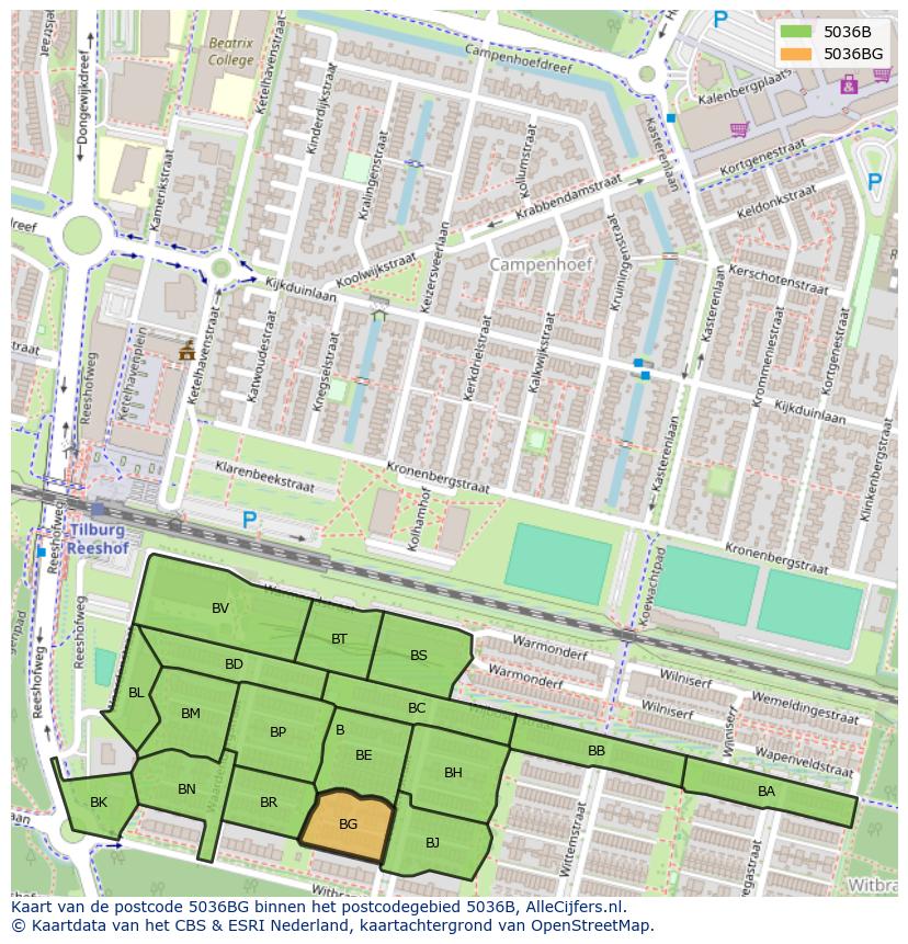 Afbeelding van het postcodegebied 5036 BG op de kaart.