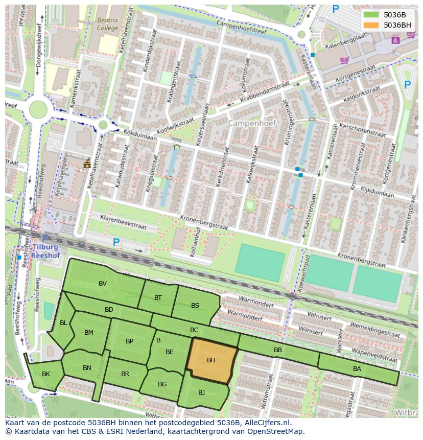 Afbeelding van het postcodegebied 5036 BH op de kaart.