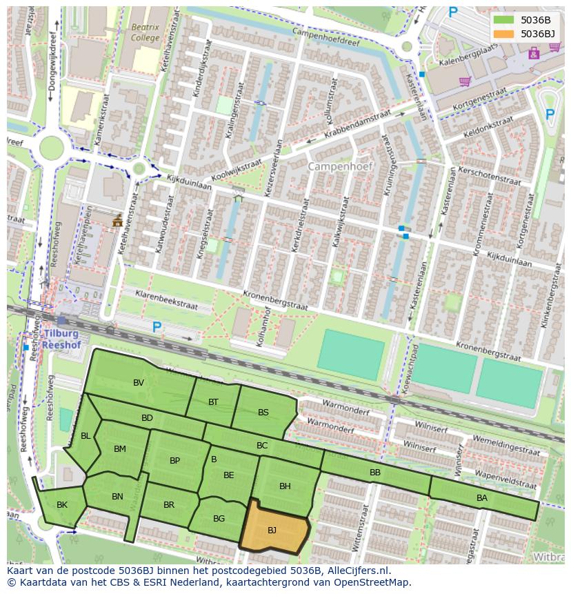 Afbeelding van het postcodegebied 5036 BJ op de kaart.