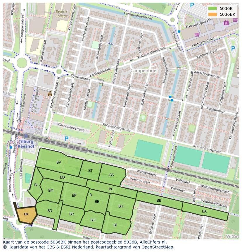 Afbeelding van het postcodegebied 5036 BK op de kaart.