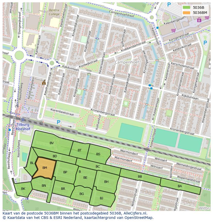 Afbeelding van het postcodegebied 5036 BM op de kaart.