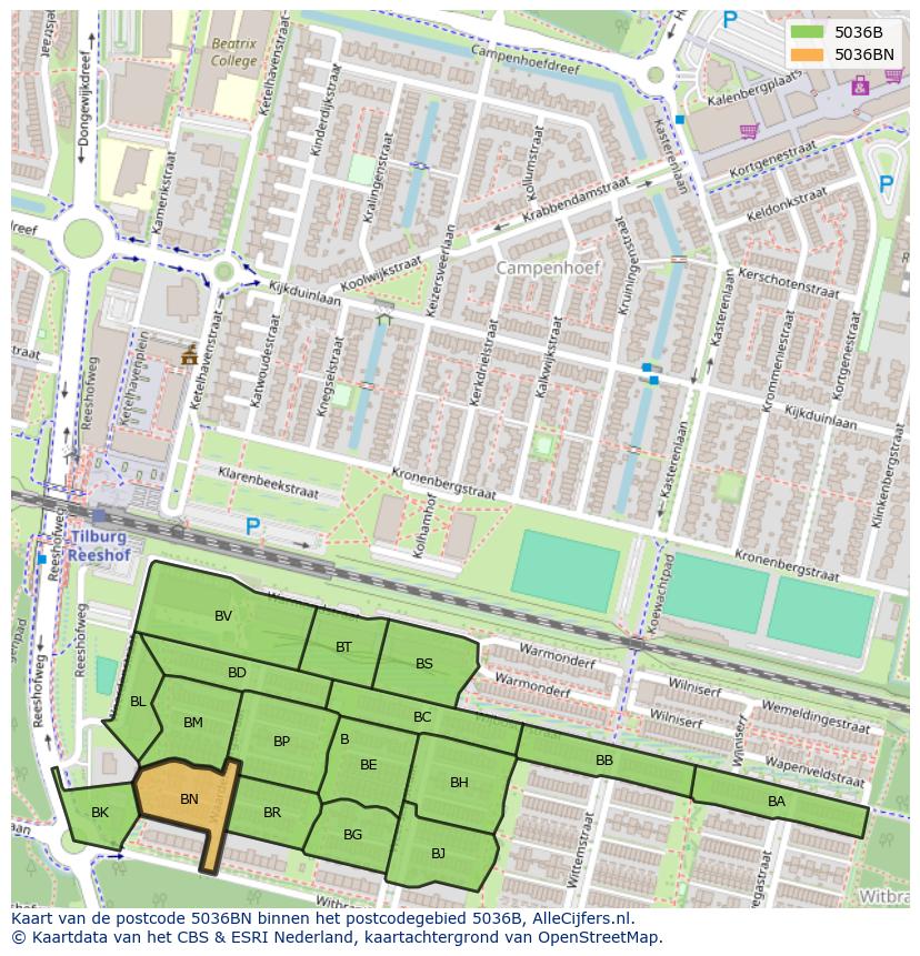 Afbeelding van het postcodegebied 5036 BN op de kaart.