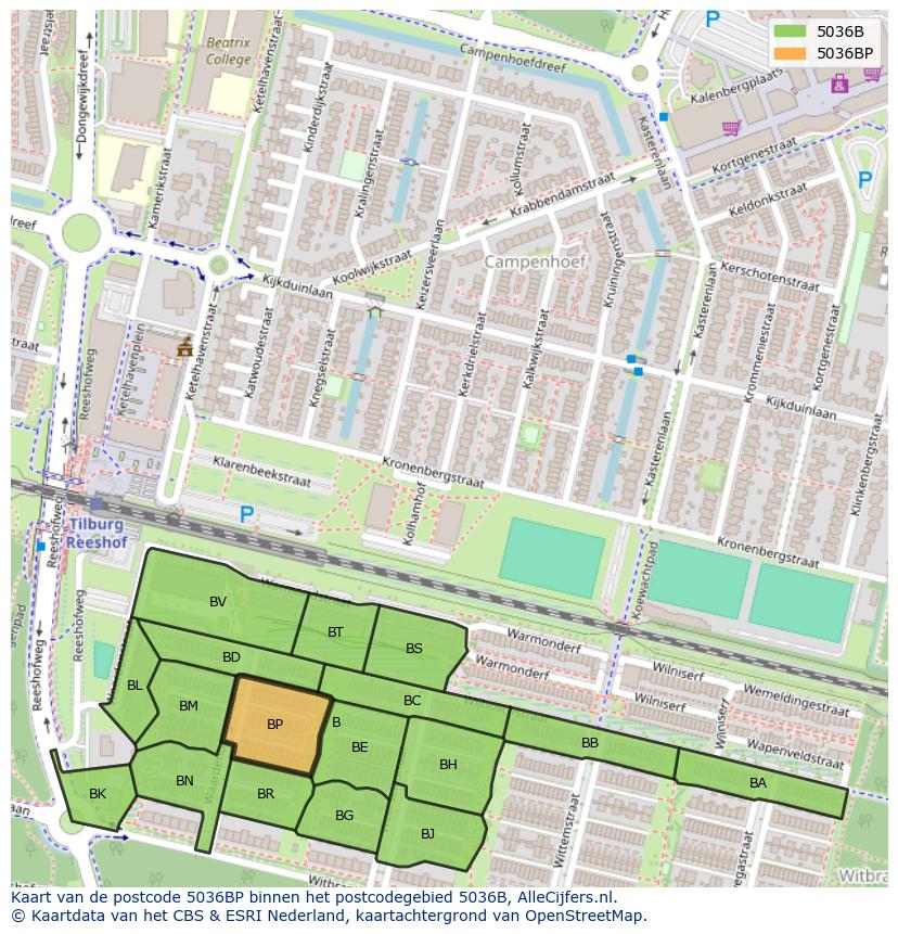 Afbeelding van het postcodegebied 5036 BP op de kaart.
