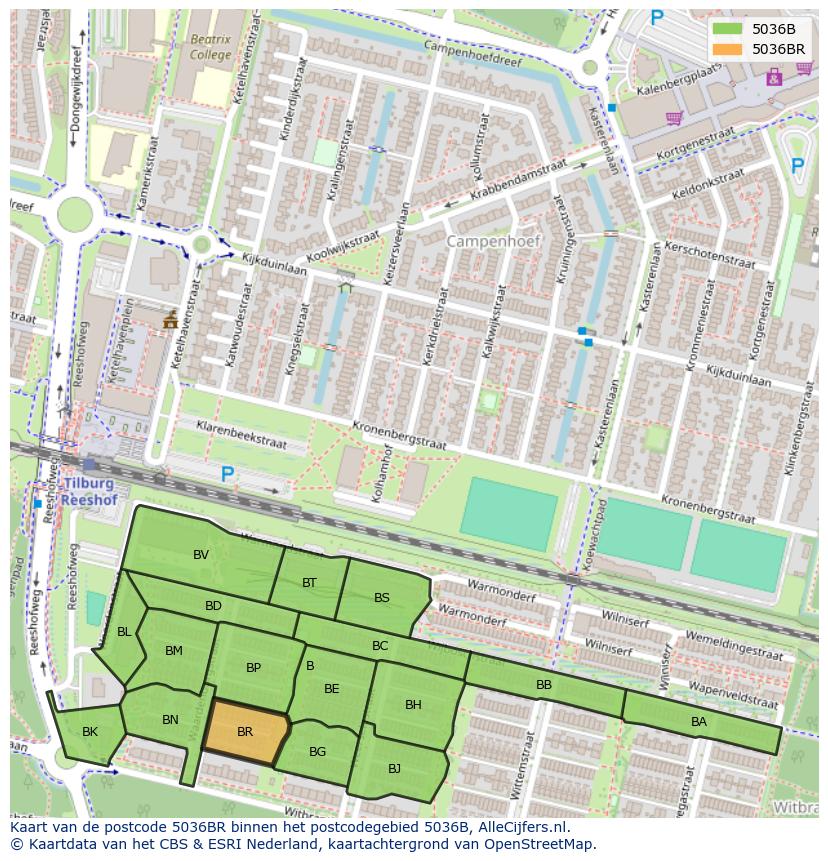 Afbeelding van het postcodegebied 5036 BR op de kaart.