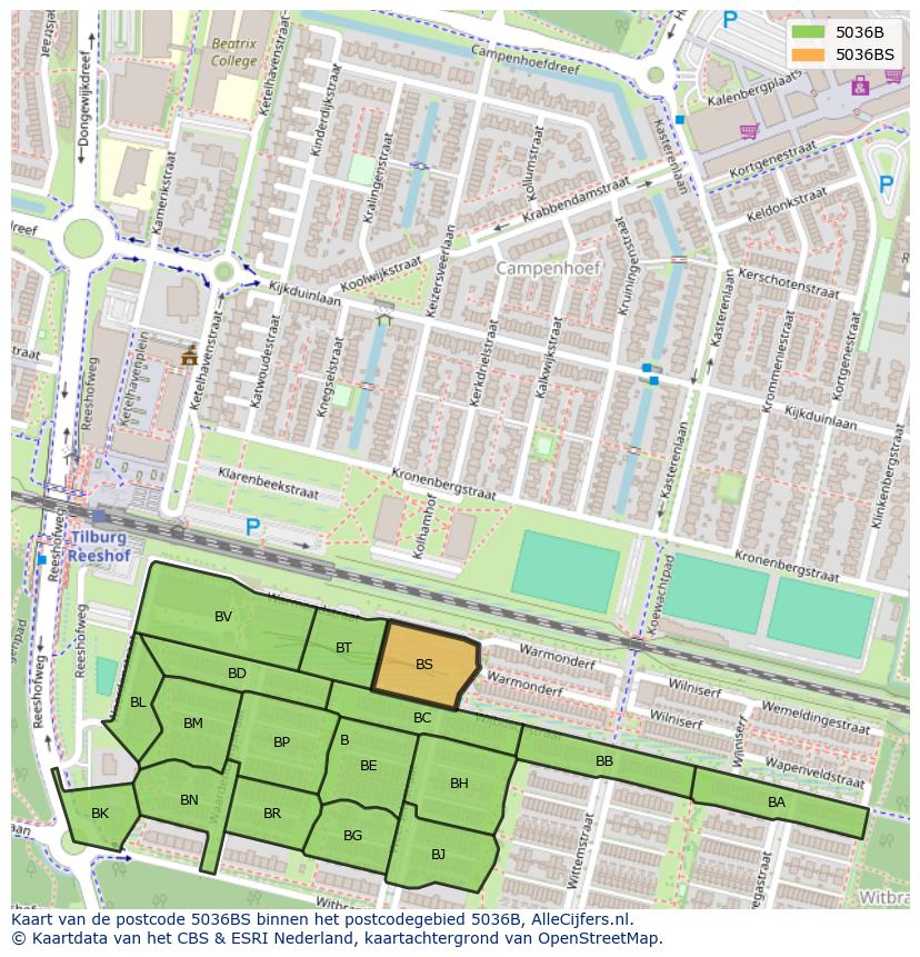 Afbeelding van het postcodegebied 5036 BS op de kaart.