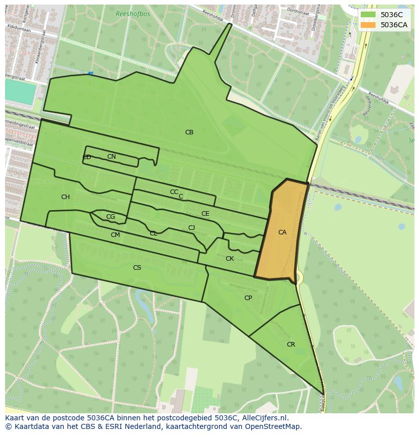 Afbeelding van het postcodegebied 5036 CA op de kaart.