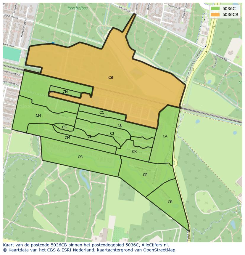 Afbeelding van het postcodegebied 5036 CB op de kaart.
