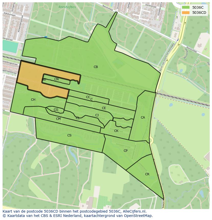 Afbeelding van het postcodegebied 5036 CD op de kaart.