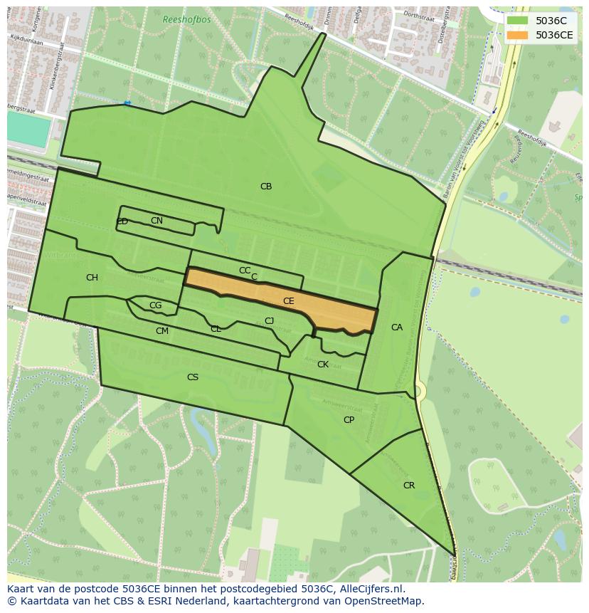 Afbeelding van het postcodegebied 5036 CE op de kaart.