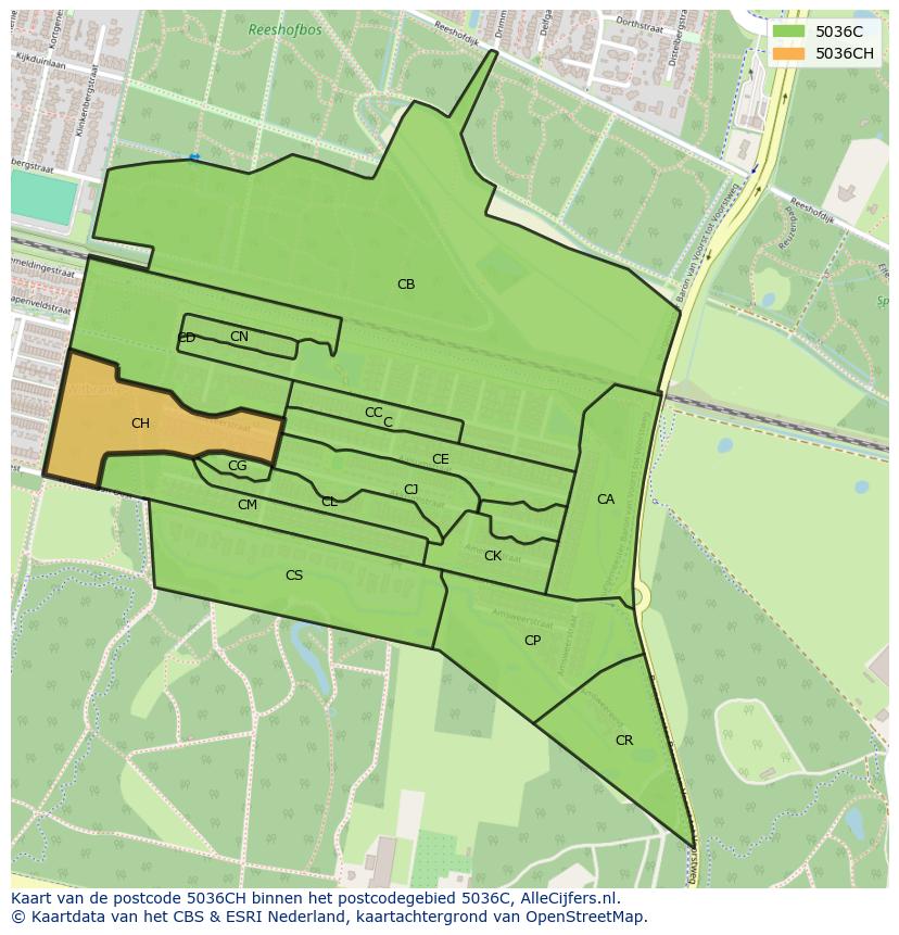 Afbeelding van het postcodegebied 5036 CH op de kaart.
