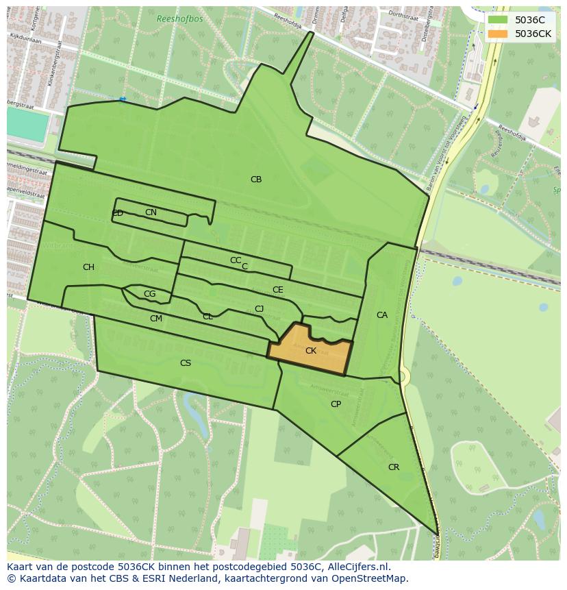 Afbeelding van het postcodegebied 5036 CK op de kaart.