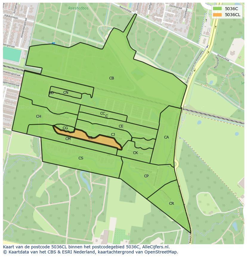 Afbeelding van het postcodegebied 5036 CL op de kaart.