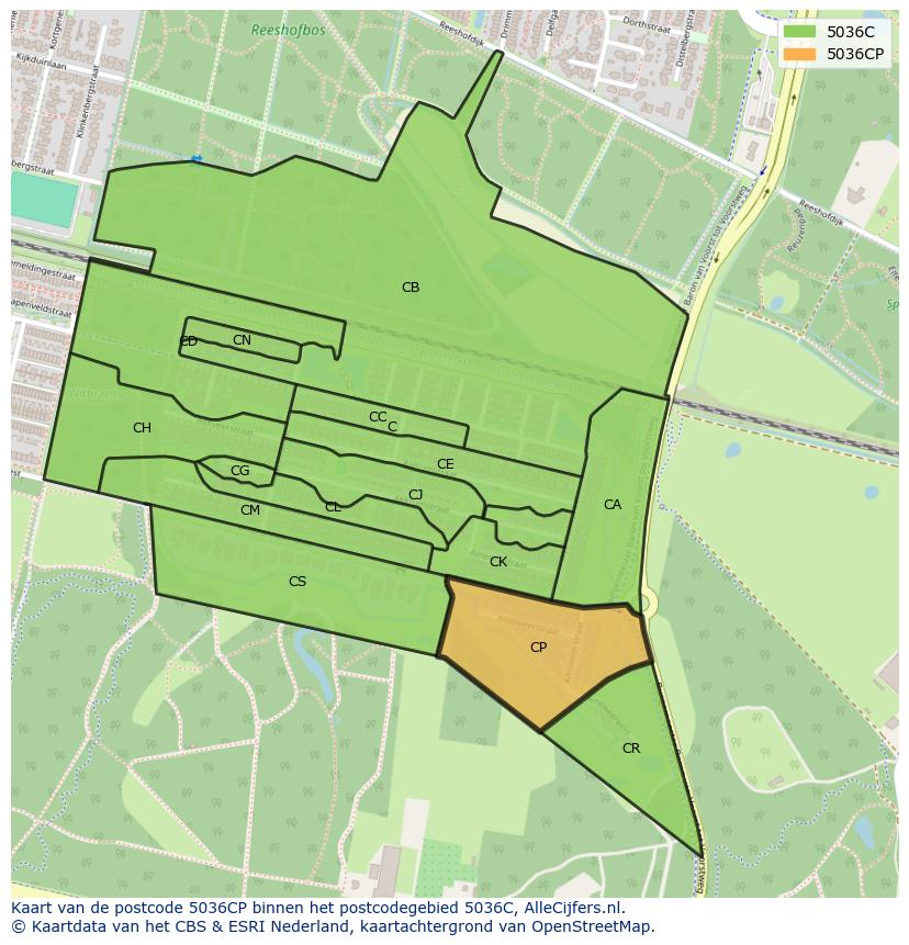 Afbeelding van het postcodegebied 5036 CP op de kaart.