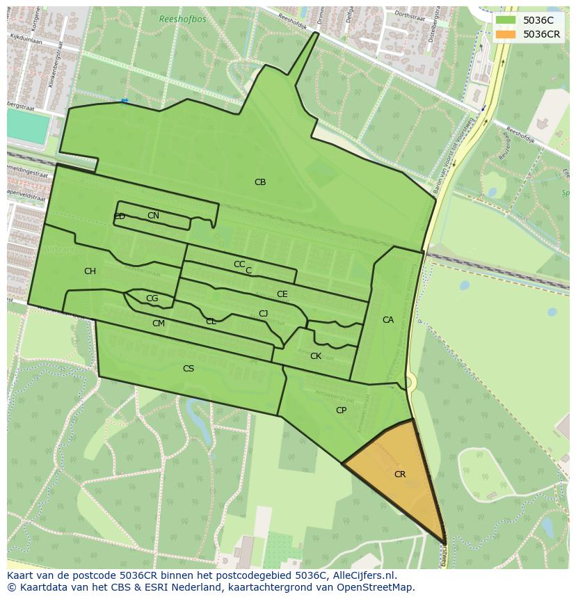 Afbeelding van het postcodegebied 5036 CR op de kaart.