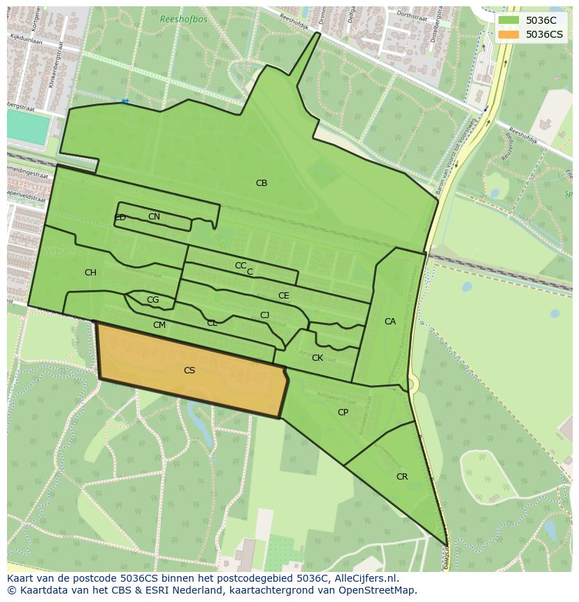 Afbeelding van het postcodegebied 5036 CS op de kaart.