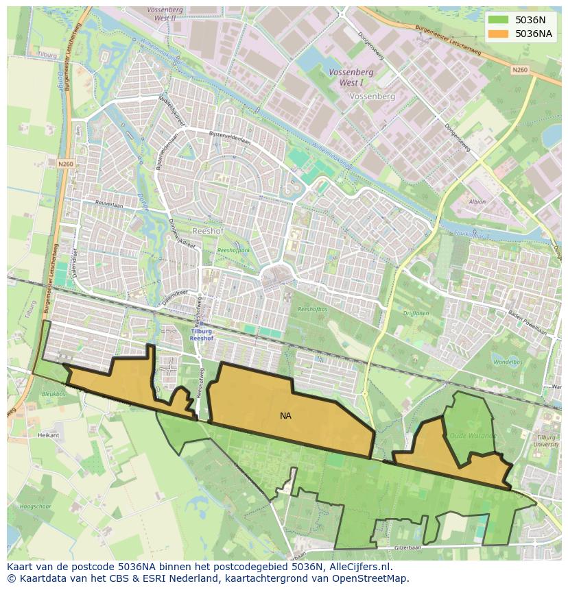 Afbeelding van het postcodegebied 5036 NA op de kaart.