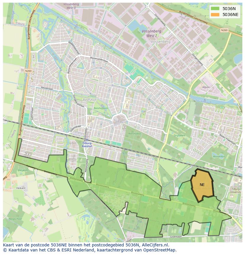 Afbeelding van het postcodegebied 5036 NE op de kaart.
