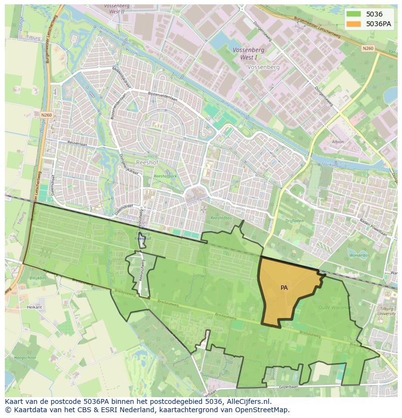 Afbeelding van het postcodegebied 5036 PA op de kaart.