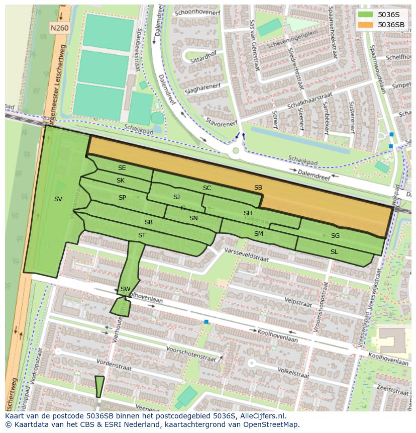 Afbeelding van het postcodegebied 5036 SB op de kaart.