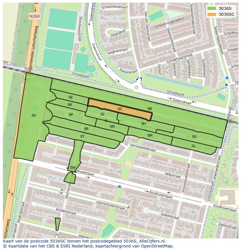 Afbeelding van het postcodegebied 5036 SC op de kaart.
