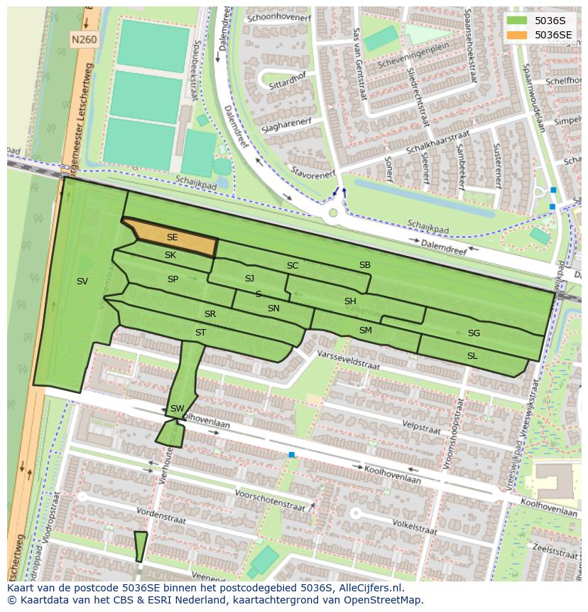 Afbeelding van het postcodegebied 5036 SE op de kaart.