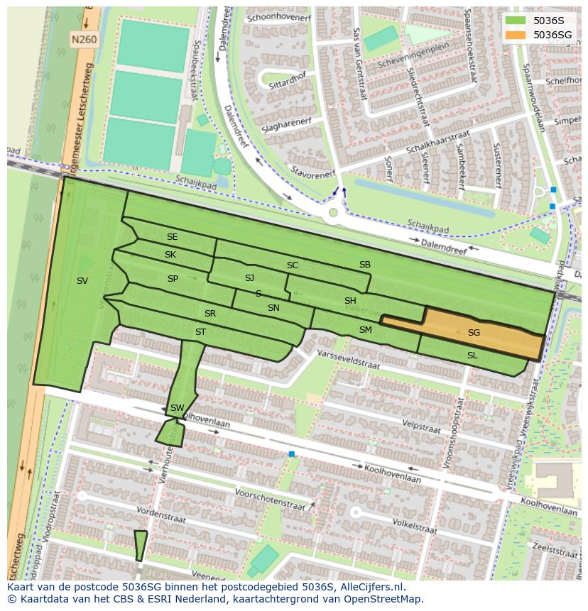 Afbeelding van het postcodegebied 5036 SG op de kaart.