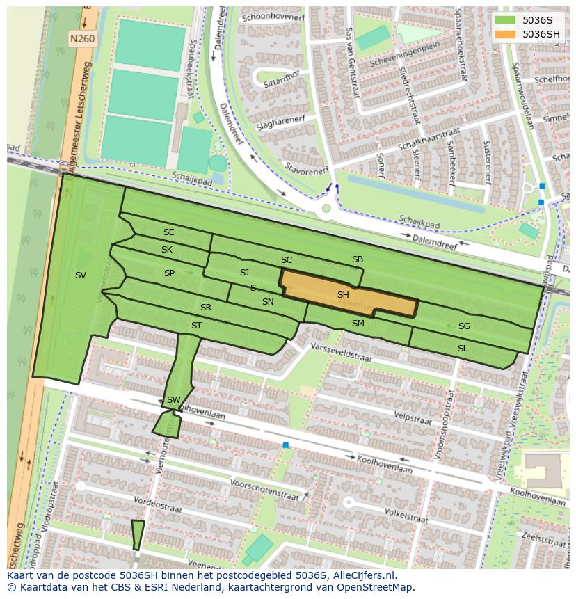 Afbeelding van het postcodegebied 5036 SH op de kaart.
