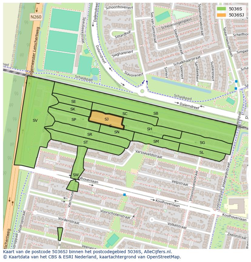 Afbeelding van het postcodegebied 5036 SJ op de kaart.