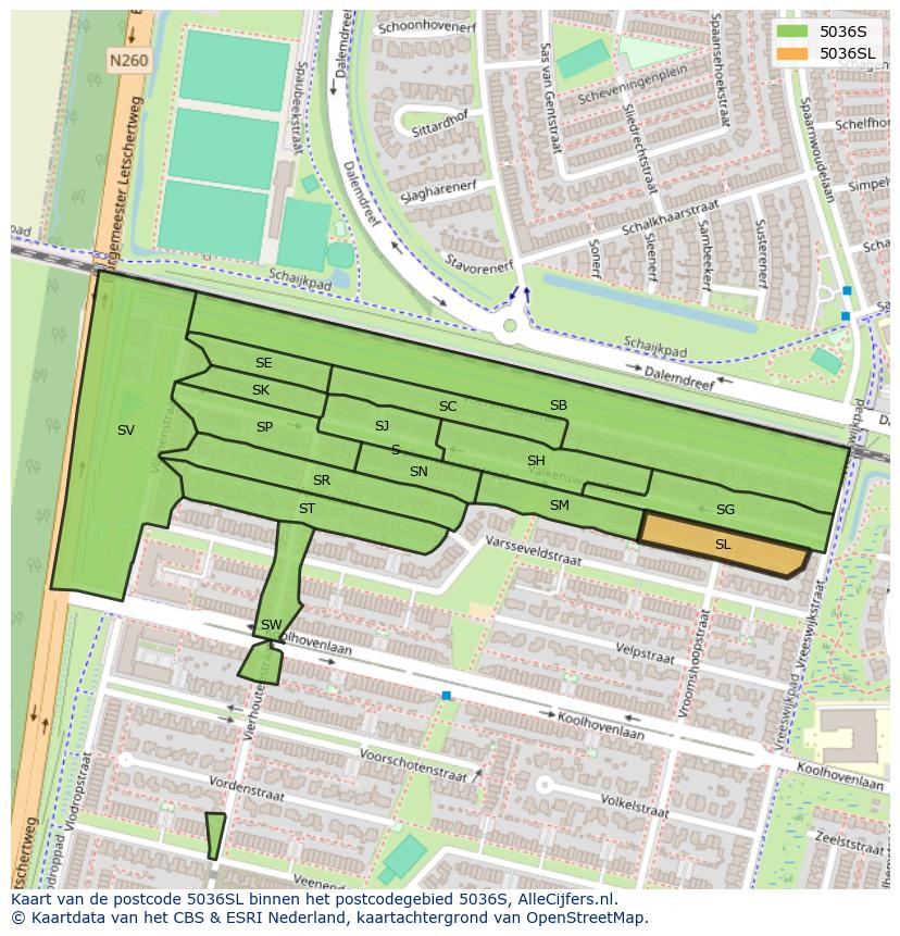 Afbeelding van het postcodegebied 5036 SL op de kaart.