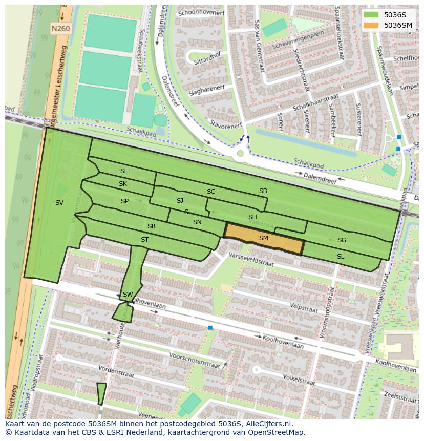 Afbeelding van het postcodegebied 5036 SM op de kaart.