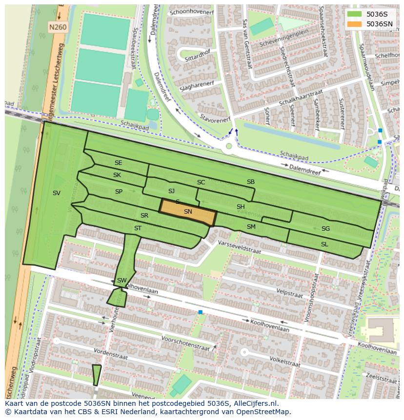 Afbeelding van het postcodegebied 5036 SN op de kaart.