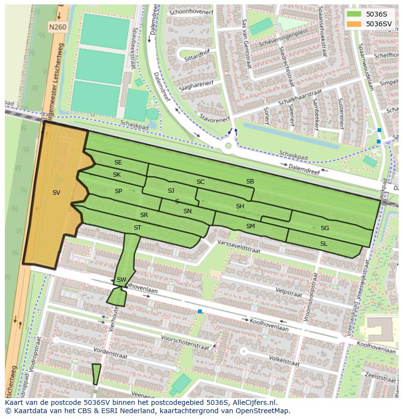 Afbeelding van het postcodegebied 5036 SV op de kaart.