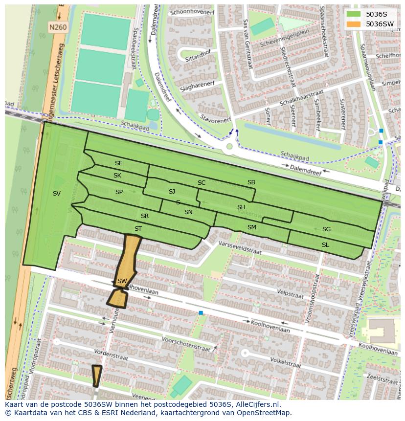 Afbeelding van het postcodegebied 5036 SW op de kaart.