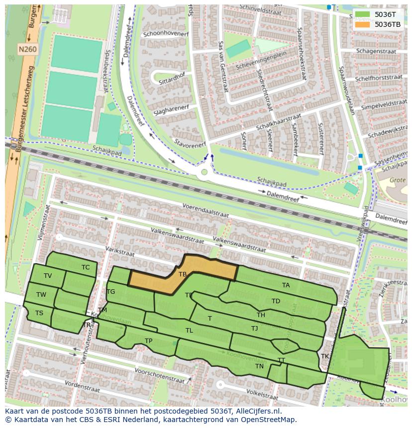 Afbeelding van het postcodegebied 5036 TB op de kaart.