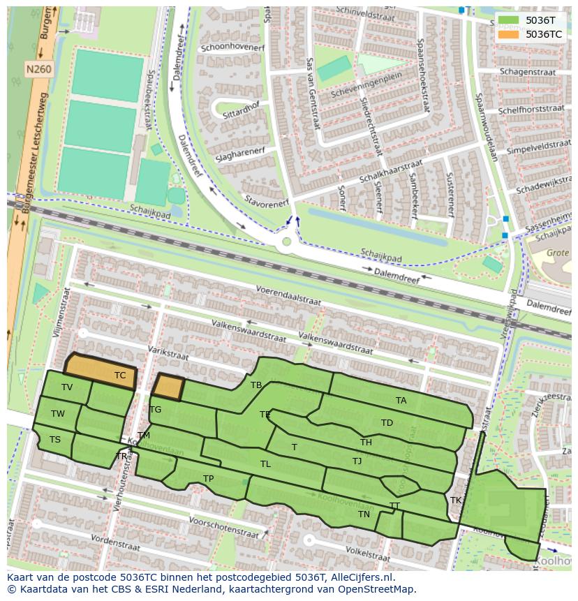 Afbeelding van het postcodegebied 5036 TC op de kaart.