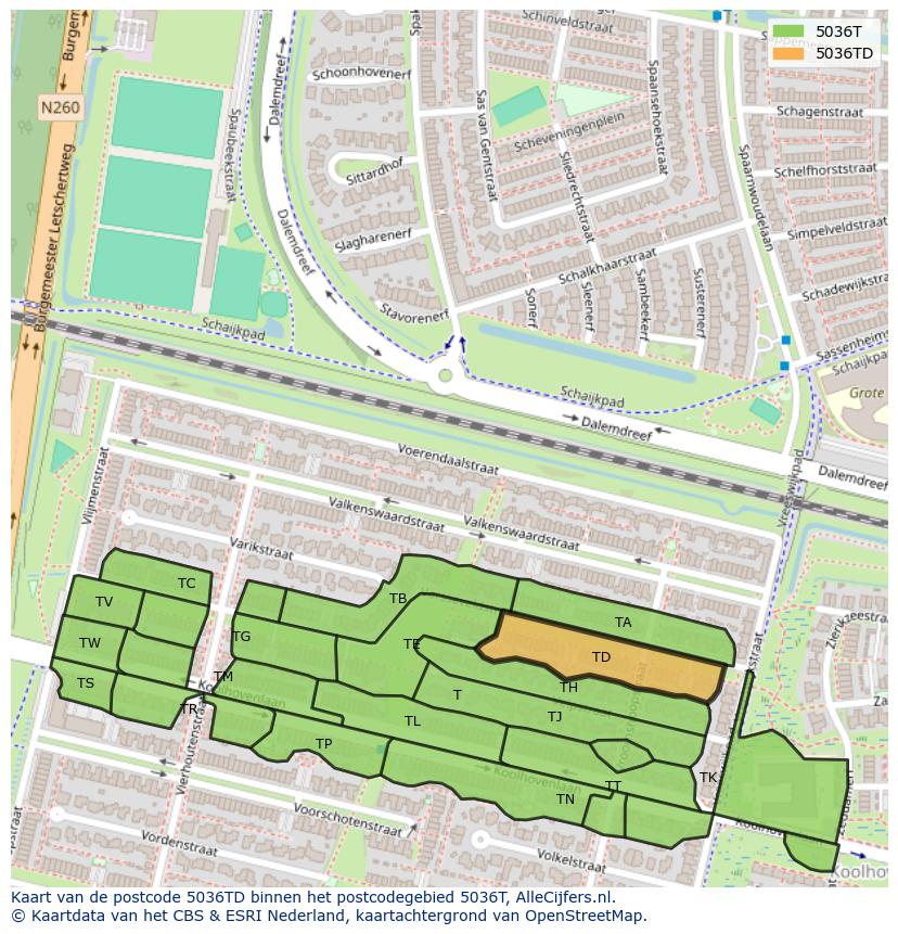 Afbeelding van het postcodegebied 5036 TD op de kaart.