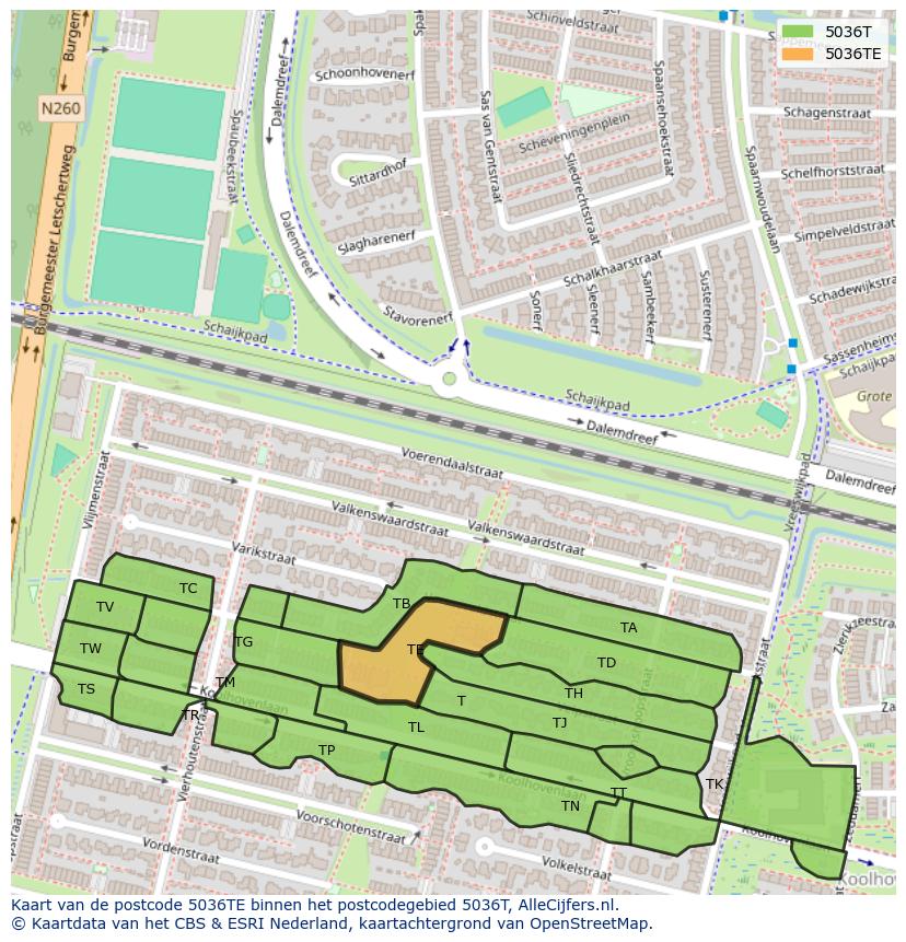 Afbeelding van het postcodegebied 5036 TE op de kaart.