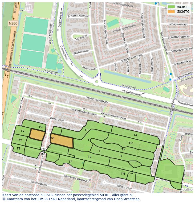Afbeelding van het postcodegebied 5036 TG op de kaart.