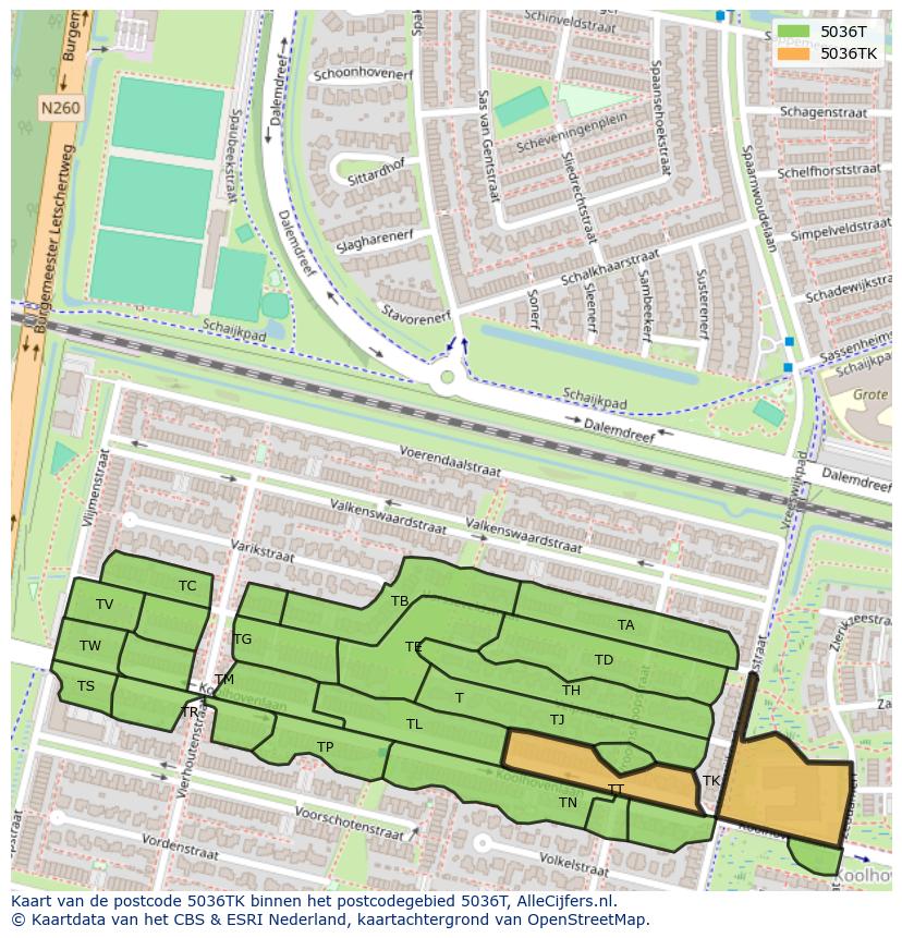 Afbeelding van het postcodegebied 5036 TK op de kaart.