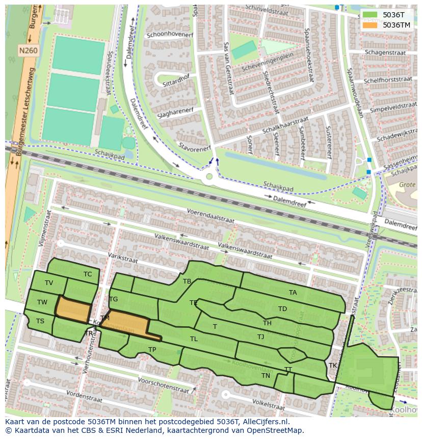 Afbeelding van het postcodegebied 5036 TM op de kaart.