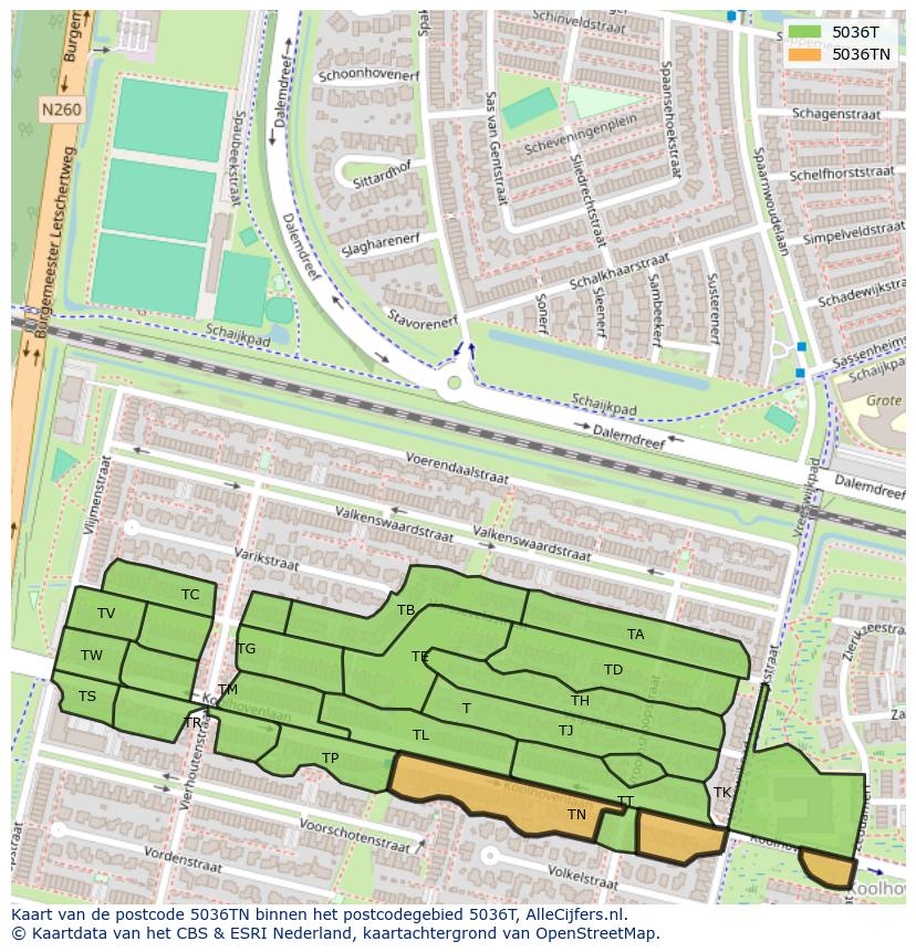 Afbeelding van het postcodegebied 5036 TN op de kaart.
