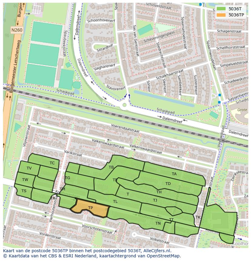 Afbeelding van het postcodegebied 5036 TP op de kaart.